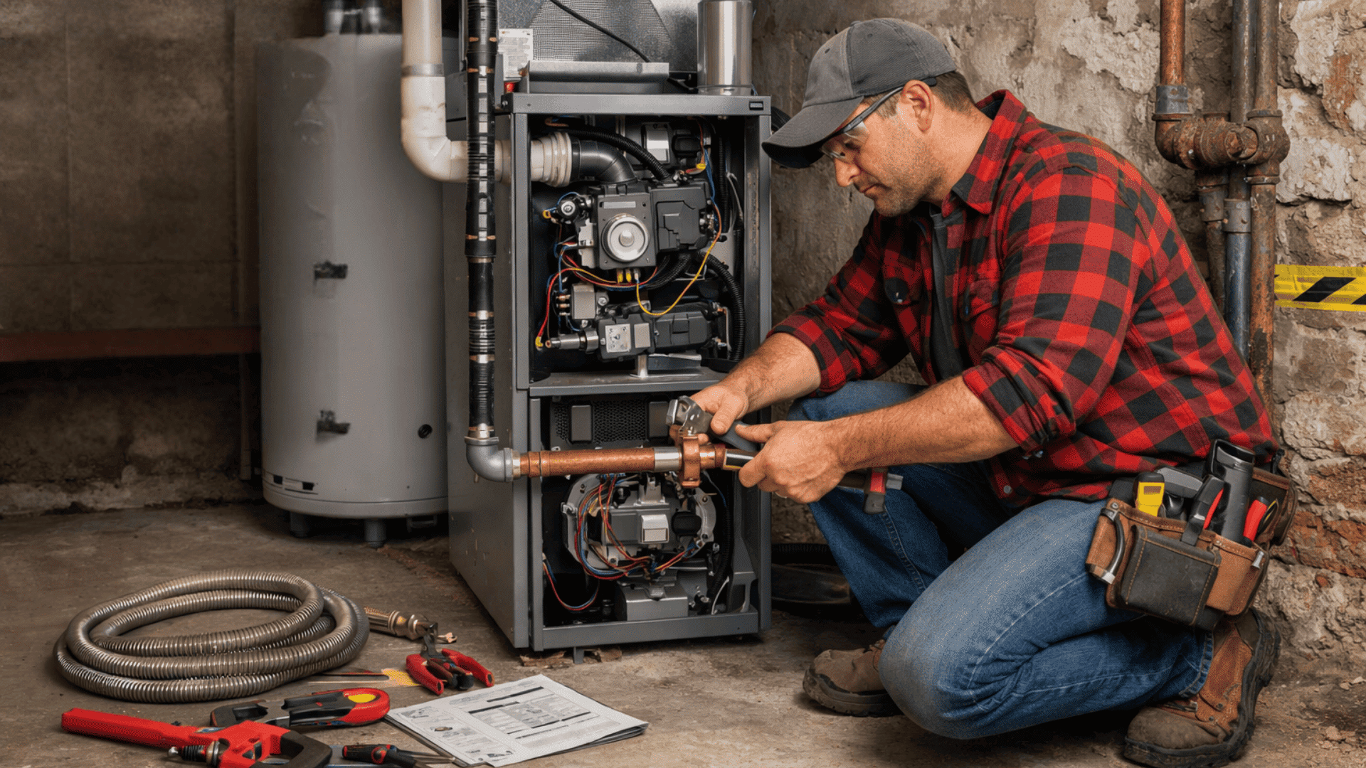Technician installing modern high-efficiency boiler in clean basement