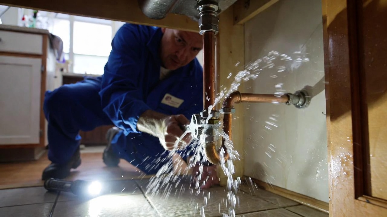 Plumber urgently repairing burst pipe under kitchen sink in Lindenhurst home